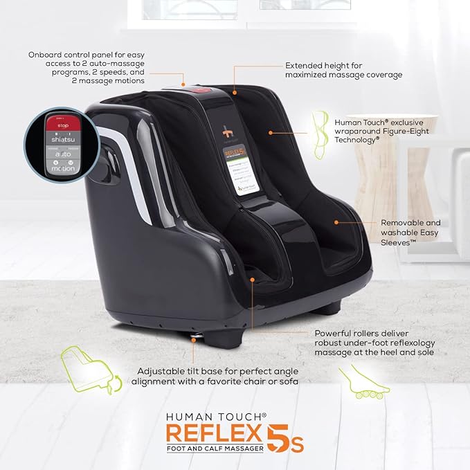 Human Touch Reflex5s Foot & Calf Massager for Stress & Plantar Fasciitis Relief+Relaxation +Kneading & Compression for Circulation Support -1 Year Warranty - Adjustable Fit for Women & Men Size 12