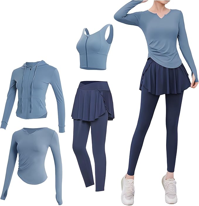 Women'S Pilates Yoga Set, 4-Piece, Xxl (135-150 Lb), Includes Jacket, Sports Bra, Top, And Moisture-Wicking Fabric