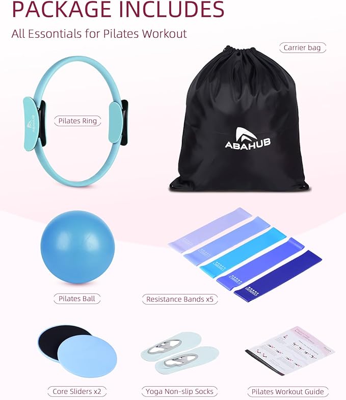 Abahub Pilates Ring Set, Home Workout Pilates Equipment, 14”Magic Circle, Yoga Ball, Resistance Bands, Sliding Disks, Socks, Fascial Ball, Workout Guide & Bag, Blue Set