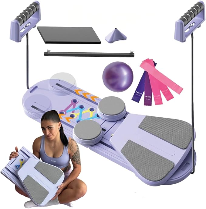 Pilates Board Portable Reformer Set Pilates Kit with Resistance Bands Ball Timer Display for Home Workout Fitness Abs Glutes Women Foldable Multifunction Pilates Machine
