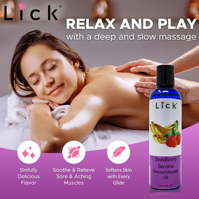 Lick Strawberry Banana Flavored Massage Oil – Sweet Creamy Fruit Edible Massage Oil with Vitamin E, Smooth Body-Safe Glide for Couples Massage & Relaxation, 4 oz