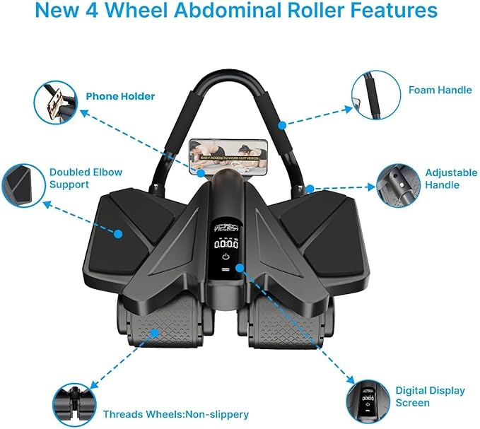 Ab Roller Home Gym Equipment – 4 Wheels Ab Wheel Muscle Roller with LCD Screen, Yoga Stretching Strap, 3 Resistance Bands – Comfortable Elbow Support with Non-Slip Handles – Time and Calorie Count