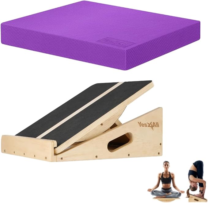 Yes4All Wood Slant board & Balance board (2in1) + Balance Pad XL Purple Physical Therapy, Yoga & Stability Training Balance Mat