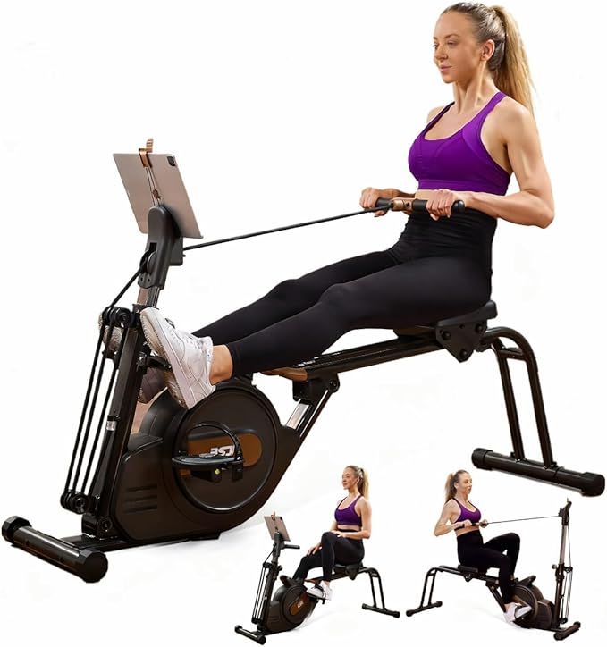 Rowing Machine for Home, 3 in 1 Magnetic Rower with 6-Level Height Adjustable, LCD Monitor & Phone Holder, APP Compatible, Folding Design, 350LBS Weight Capacity for Full-Body Workout