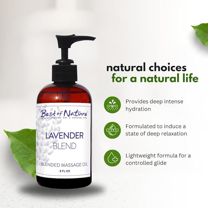 Best of Nature Lavender Blend Massage Oil - Non-Greasy Aromatherapy Massage Oil for Body, Skin & Face, Crafted with Pure Essential Oils, Bulk Sizes (8 fl oz)