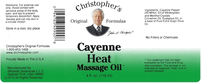Christopher's Original Formulas Cayenne Heat Massage Oil, 4 Fluid Ounce | Warming Sensation for Muscles & Joints | Natural Comfort & Relaxation | Pure Herbal Formula