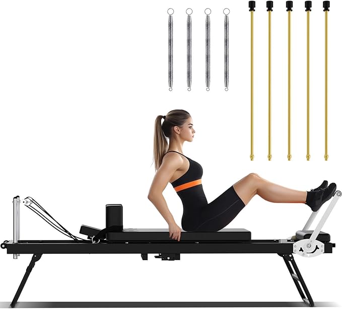 Foldable Pilates Reformer Machine, Portable Pilates Reformer Equpment with Latex Tubes & Springs for Home Workout, Easy Storage and Movement, Maximum Load 400 LBS