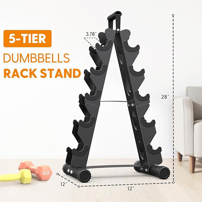 AmazeFan 5 Tier | 3-Tier Dumbbell Rack Stand Only, A-Frame Design Weight Rack with Handle, Weights Metal Strength Training Dumbbells Storage Rack for Home Gym Space Saver (Dumbells not Included)