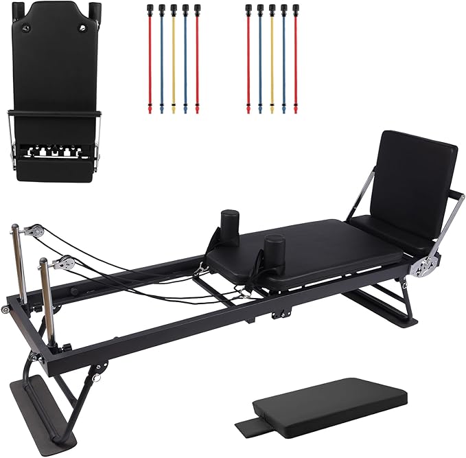 Foldable Pilates Equipment for Home Workouts, Pilates Reformer Machine for Home Gym, Pilates Exercise Equipment with Jump Board, Color Cords Set of 2