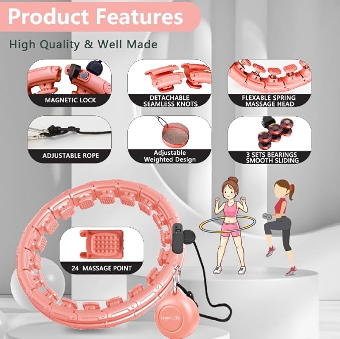 U1 Weighted Hula Hoop 30 Knots 19"-61" for Adults with Waist Trimmer Belt & Durable Wash Bag Bundle– Fitness Hoop for Exercise, Workout, Slimming & Home Gym, Peach