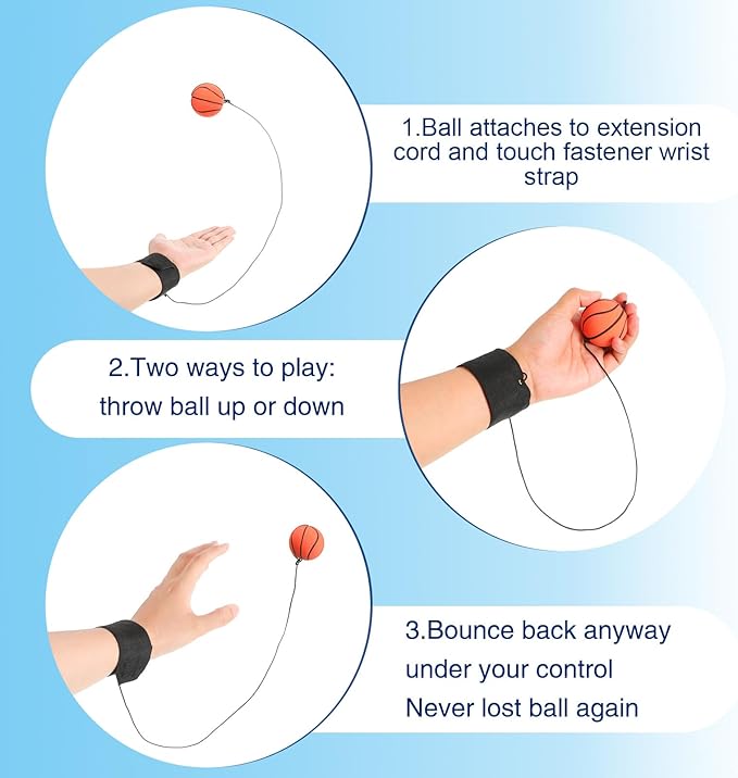 Skylety 6 Pcs Wrist Ball Return Ball on a String with Strap Wristband Sports Rubber Toy Includes Basketball, Baseball and Football for Boys Girls Party Favor Gifts, Exercise or Play