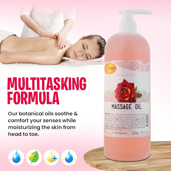 SPA REDI - Massage Oil Sensual Rose Professional Pedicure, Body and Hot Oil Manicure, Infused with Natural Oils, Vitamins, Panthenol and Amino Acids - 32oz