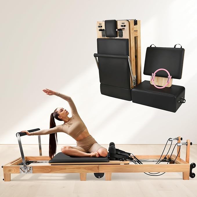 Pilates Reformer Machine, 95" Foldable Studio Grade Pilates Equipment with Adjustable Reformer Heights for Gym, Studio and Home, Oak Wood Pilates Reformer with Jump Board