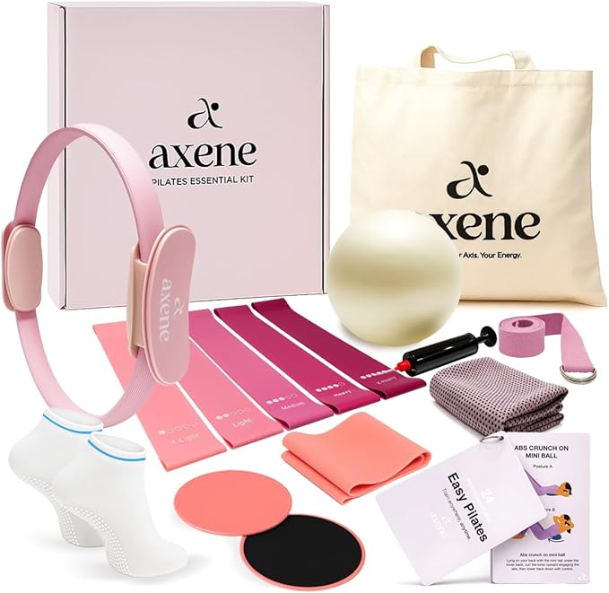 Axene At Home Pilates Kit - Pilates Ring and Ball Set - Pilates Essentials Kit for Women with Mini Ball, Resistance Bands, Exercise Guide & Bag - Kit de Pilates en Casa