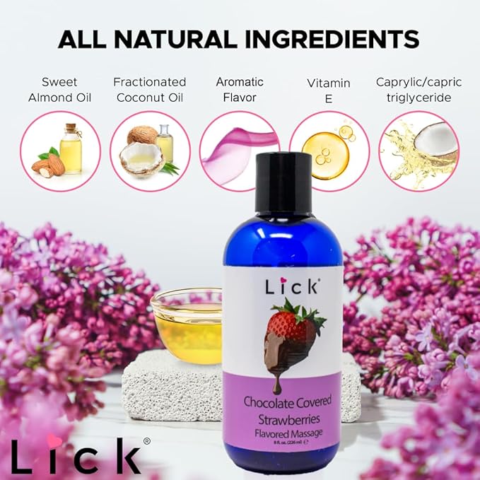 Lick Chocolate Covered Strawberries Massage Oil – Gourmet Dessert Edible Massage Oil with Almond Oil & Vitamin E, Luxurious Glide for Romantic Couples Massage, 8 oz