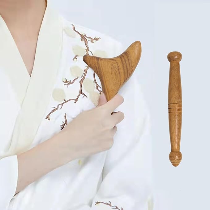 Honbay 2PCS Reflexology Tools Wood Body Massager Triangle Gua Sha Board Scraping Board Foot Massage Stick Tool Head Neck Hand Waist Calf Leg Foot Massager (Camphor Wood)