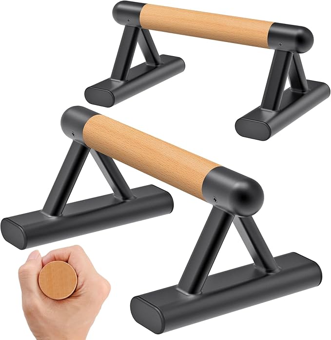SELEWARE Wood push up bars Parallettes bars Anti-slip Handstand Bars for Calisthenics, Fitness, Floor workouts Solid Wood with Sturdy Metal Bracket, Support 600 lbs