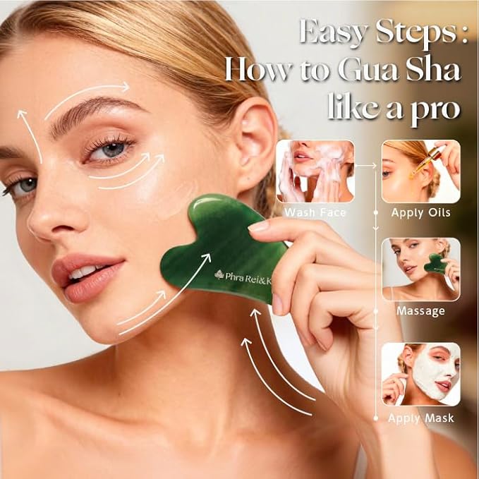 Phra Rei&Ki] Gua Sha Facial Tools, Customed Natural Jade Stone, Gua Sha Tool for Face, Manual Massage Tool for Jawline Sculpting, Puffiness Reducing and Face Lifting, Massager for Skin-Care