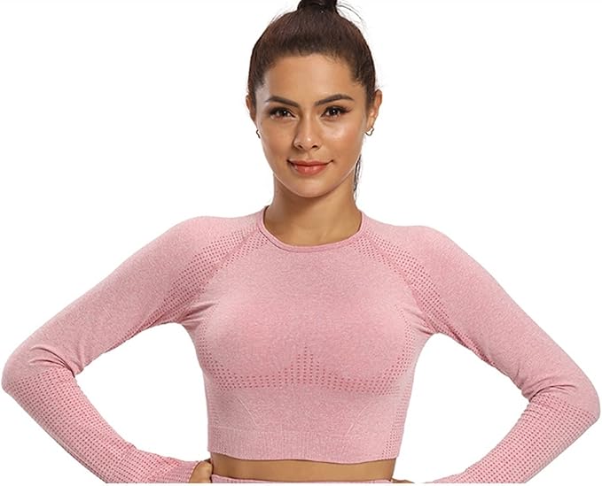 Yoga Set Seamless Women Long Sleeve Blouses Top Gym Sport Bra High Waist Tight Leggings Fitness Suit Shorts Sets (Color : Pink Long sleeve, Size : Medium)