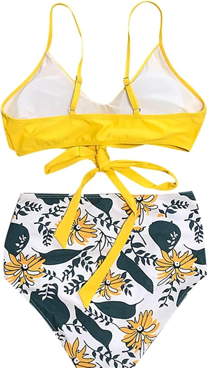 Womens Front Cross Ruched Bikini Set Twist Wrap Swimwear High Waisted Bottoms Print Straps Push Up Swimsuits