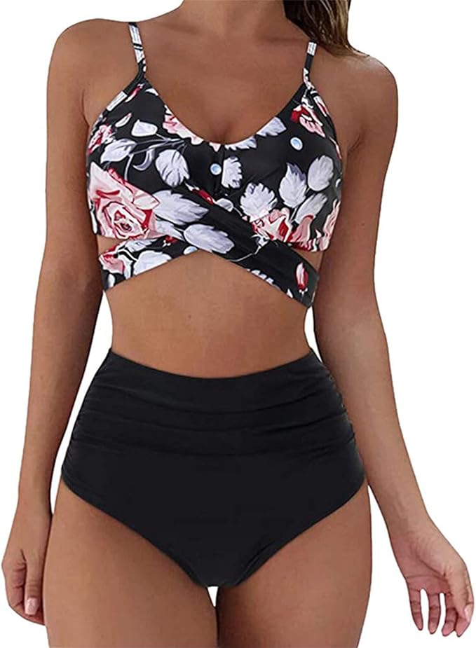 Womens Front Cross Ruched Bikini Set Twist Wrap Swimwear High Waisted Bottoms Print Straps Push Up Swimsuits