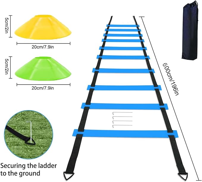 Agility Training Set for Soccer & Football - 20FT Speed Ladder, 12 Cones, and Training Aids for Kids Youth Sports Practice, Footwork Drill Kit