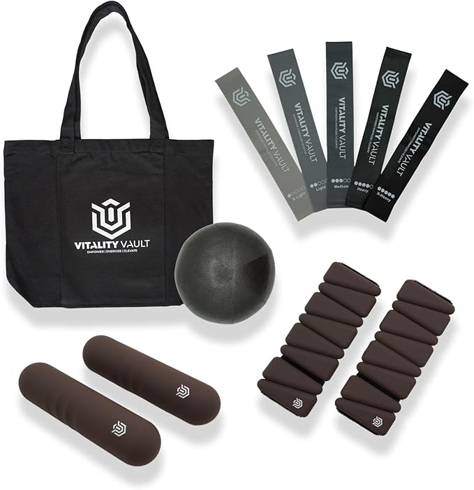 Pilates Pro Power Pack - Workout Essentials - 2.2lb Hand Weights, 2.2lb Ankle Weights/Wrist Weights, Resistance bands, Pilates Ball, Canvas Tote Bag - For Beginners or Advanced - Home or Gym/Studio Use.