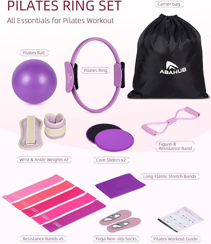 Abahub Pilates Ring Set, Home Workout Pilates Equipment, 14”Magic Circle, Yoga Ball, Resistance Bands, Sliding Disks, Socks, Fascial Ball, Workout Guide & Bag, Blue Set
