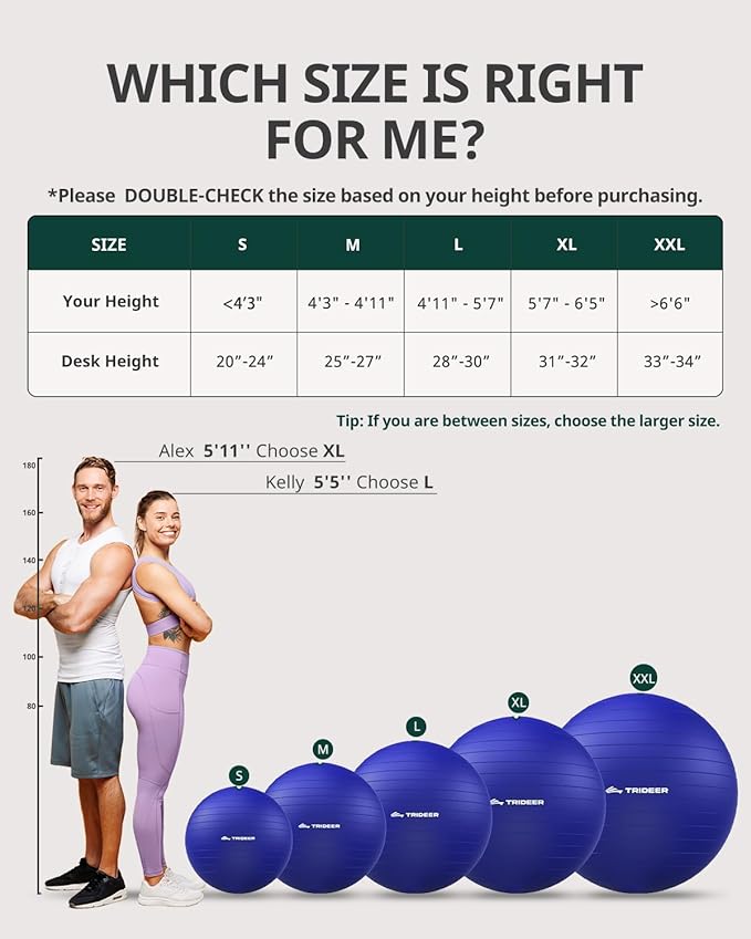 Trideer Exercise Ball for Yoga, Pilates & Fitness – Stability Ball Equipment for Home Gym & Office Chair, Core & Balance Training Accessories, Physical Therapy Equipment, Quick Pump Included, 5 Sizes