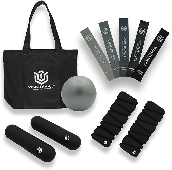 Pilates Pro Power Pack - Workout Essentials - 2.2lb Hand Weights, 2.2lb Ankle Weights/Wrist Weights, Resistance bands, Pilates Ball, Canvas Tote Bag - For Beginners or Advanced - Home or Gym/Studio Use.