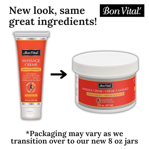 Bon Vital' Muscle Therapy Massage Creme, Professional Massage Cream with Dwarf Pine Oil & Essential Oils for Relaxation & Soreness, Deep Tissue & Sports Massage Creme, 8 Ounces (Packaging May Vary)