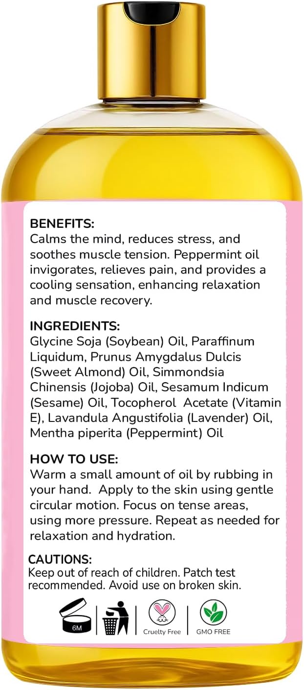 Lavender Mint Massage Oil with Sesame, Almond & Jojoba Oils. Non-Sticky, Safe & Natural Ingredients – 10 Fl Oz