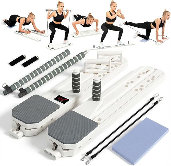Pilates Reformer Board, 12-in-1 Portable Pilates Board for Home Workout, Core & Abs Toning, Full Body Sculpting Equipment, Pink / White