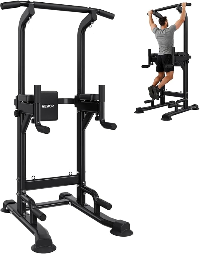 VEVOR Pull Up Bar, 330 LBS Power Tower Dip Station, Workout Dip Station with H-Shaped Stable Base & Back Pad, Adjustable 12 Level Height Free Standing Chin Up Bar for Back, 4-Level Adjustable Back Pad