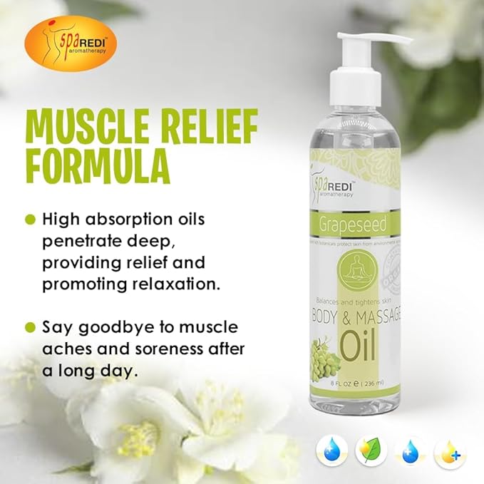 SPA REDI - Massage Oil, Grapeseed, 8 Oz - Professional Full Body Massage Therapy, Manicure, Pedicure - Relax Sore Muscles and Repair Dry Skin, Enhanced with High Absorption Oils and Vitamin E