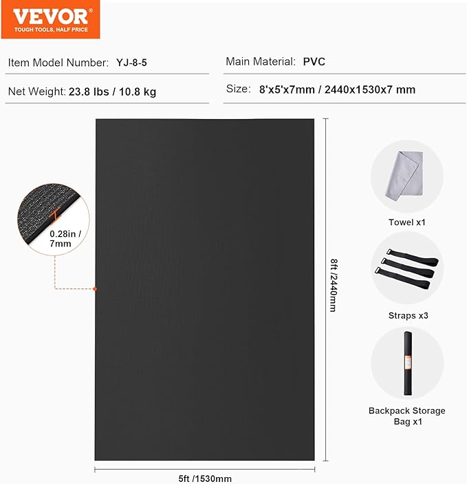 VEVOR Large Exercise Mat, 12'x6'/10'x6'/9'x6'/8'x6'/8'x5'/7'x5'/6'x4' (7mm) Extra Thick, Non Slip High Density Premium Workout Mat, Exercise Yoga Mat for Men & Women, Fitness & Exercise Mat with Bag & Carry Strap, for All Types of Home Yoga, Pilate & F...