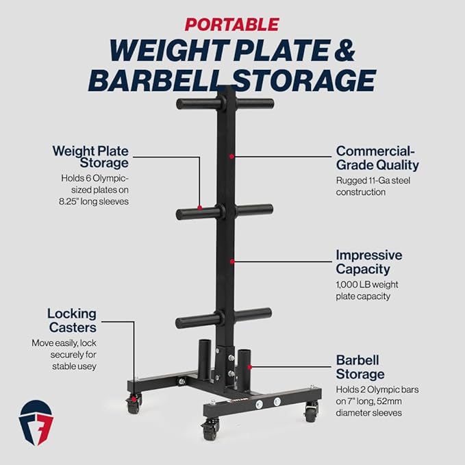 Titan Fitness Portable Weight Tree for Olympic Plate and Barbell Storage, Weight Plate Storage with 1,000 LB Capacity, Weight Tree Rack with Locking Wheels, Weight Plate Tree with Barbell Storage