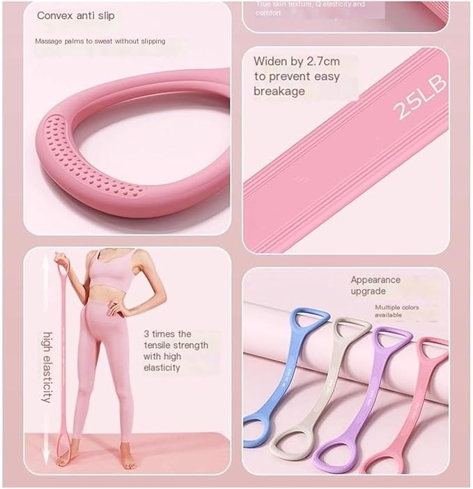 Silicone Figure-8 & Straight Resistance Band for Women - 15-35 Lbs, Yoga Back Stretching Home Workout Band