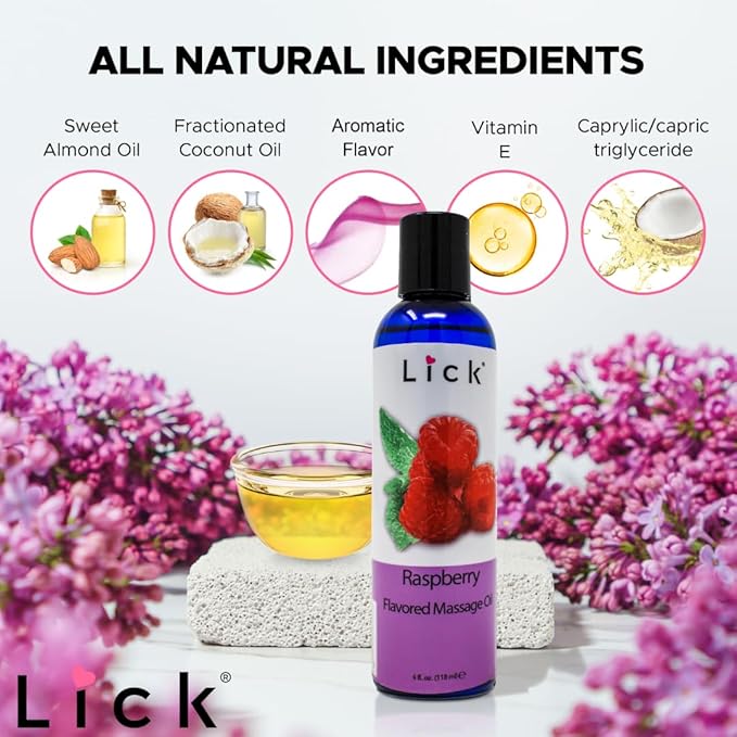 Lick Raspberry Flavored Massage Oil – Bright Berry Edible Massage Oil with Sweet Almond Oil & Vitamin E, Smooth Body-Safe Glide for Couples Massage, 4 oz