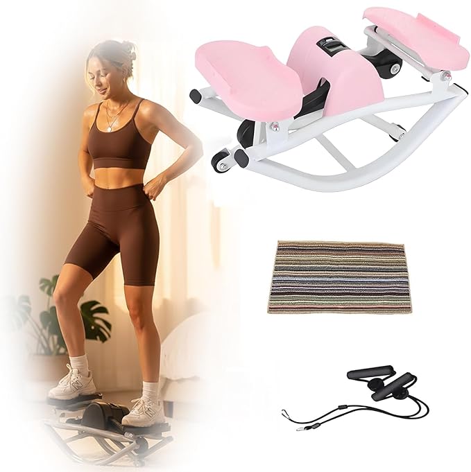Rock Stepper Side to Side, Digital Display Mini Stepper with Resistance Bands, Steppers for Exercise at Home, Quiet Low Impact Workout Machine for Arm Legs Glutes, Portable Fitness Equipment