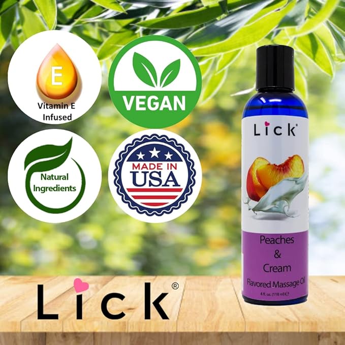 Lick Peaches and Cream Flavored Massage Oil – Sweet Dessert-Inspired Edible Massage Oil with Vitamin E, Smooth Body-Safe Glide for Couples Massage Nights, 4 oz