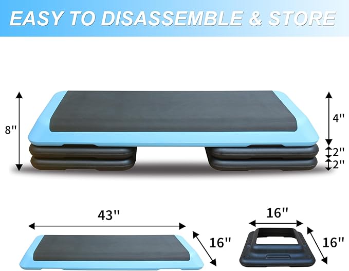 43'' Exercise Aerobic Step Platform, Adjustable Height 4-6-8in Exercise Stepper Workout with 4 Detachable Risers, Aerobics Stepper Workout Stepper for Home Gym Cardio Strength & Training