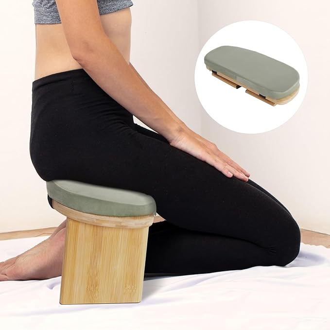 DKSLALALI Meditation Bench, Foldable Ergonomic Bamboo Kneeling Chair with Meditation Extra Soft Cushion Portable Comfortable Meditation Stool Bench for Prayer Kneeler Travel & Yoga