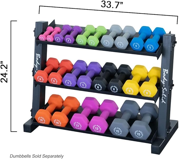 Body-Solid (GDR34B) 3-Tier Dumbbell Rack Storage for 12 Pairs Neoprene/Vinyl Dumbbells 1-15 lbs, Dumbell Weight Rack Stand Only, Commercial and Home Gym Strength Training Organizer
