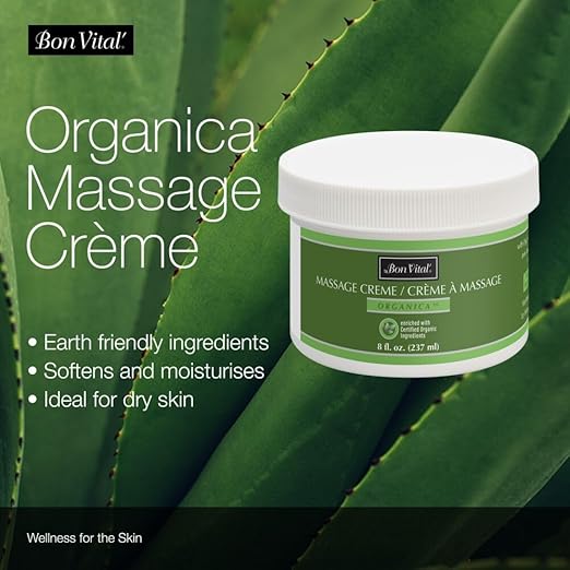 Bon Vital' Organica Organic Massage Creme, 8 oz Jar, Organic Jojoba Oil, Non-Greasy, Hypoallergenic, Cream For Sensitive Skin, Massage Therapy & Muscle Relaxation, Spa Quality