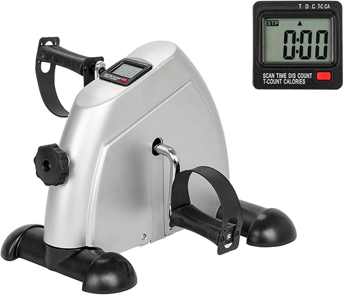 Mini Exercise Bike Pedal Exerciser for Arms & Legs, Portable Under Desk Bike with LCD Monitor, Adjustable Resistance Home Office Fitness Trainer, Compact Hand & Foot Cycle – Silver