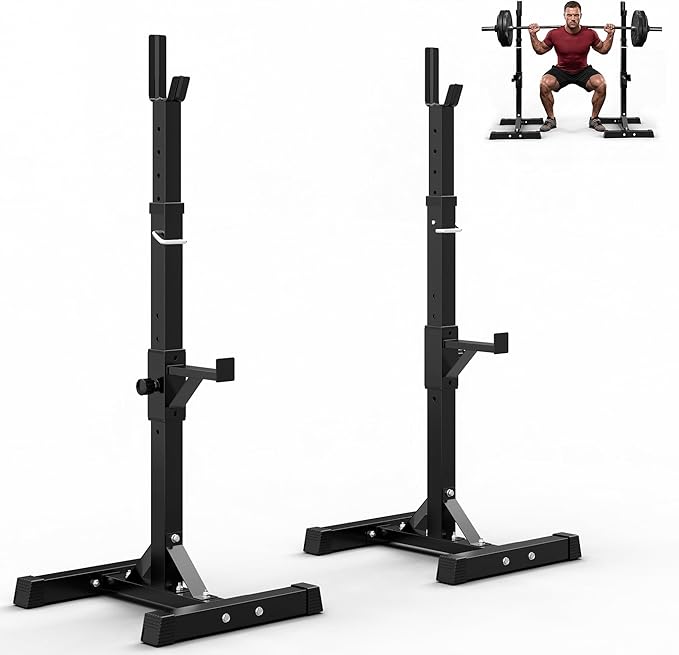 JupiterForce Adjustable Squat Rack Stands Pair of Sturdy Steel Bench Press Rack, Barbell Rack, 40''-66'' 550lbs Max Load Portable Weight Lifting Dumbbell Racks Stands for Home Gym, Black