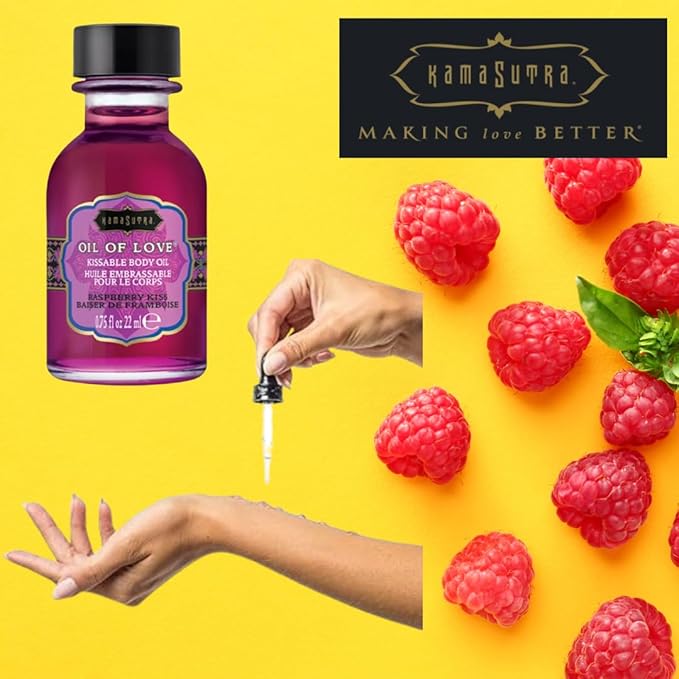 KAMA SUTRA Oil of Love Raspberry Kiss - .75 fl oz - Kissable Warming Body Topping for Oral Foreplay Fun, Delicious Lickable Flavor for Couples, Women, and Men. Water-Based.