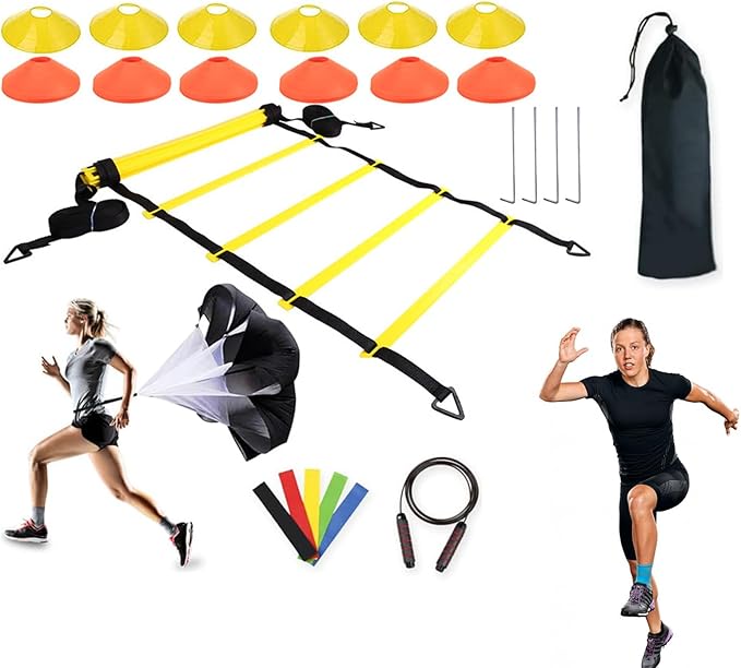 Agility Ladder – Speed Ladder Soccer Football Athletic Fitness Kit | Jump Rope Parachute Discs Belt Basketball Exercise Workout Coordination Endurance Training Tools