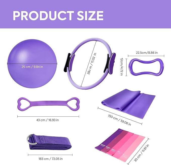 Home Pilates Essentials Kit for Women - Complete Workout Set with Ball, Bands & Ring Ideal for Beginners at (Purple)